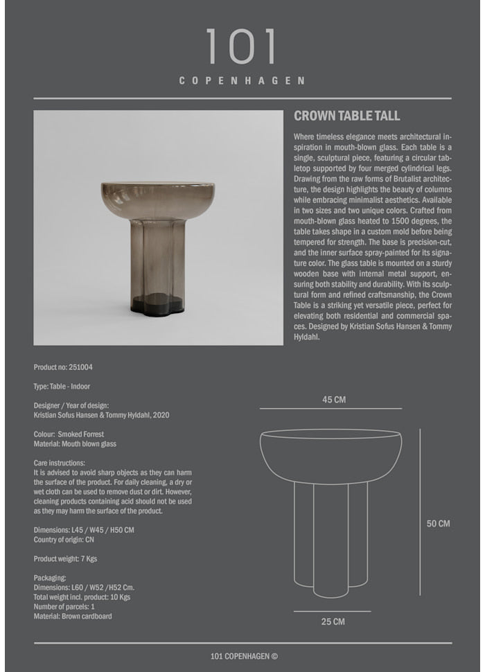 Τραπέζι, Crown Table, Tall, Smoked Forest Καφέ Φυσητό Γυαλί Η50x45x45cm, 101 COPENHAGEN