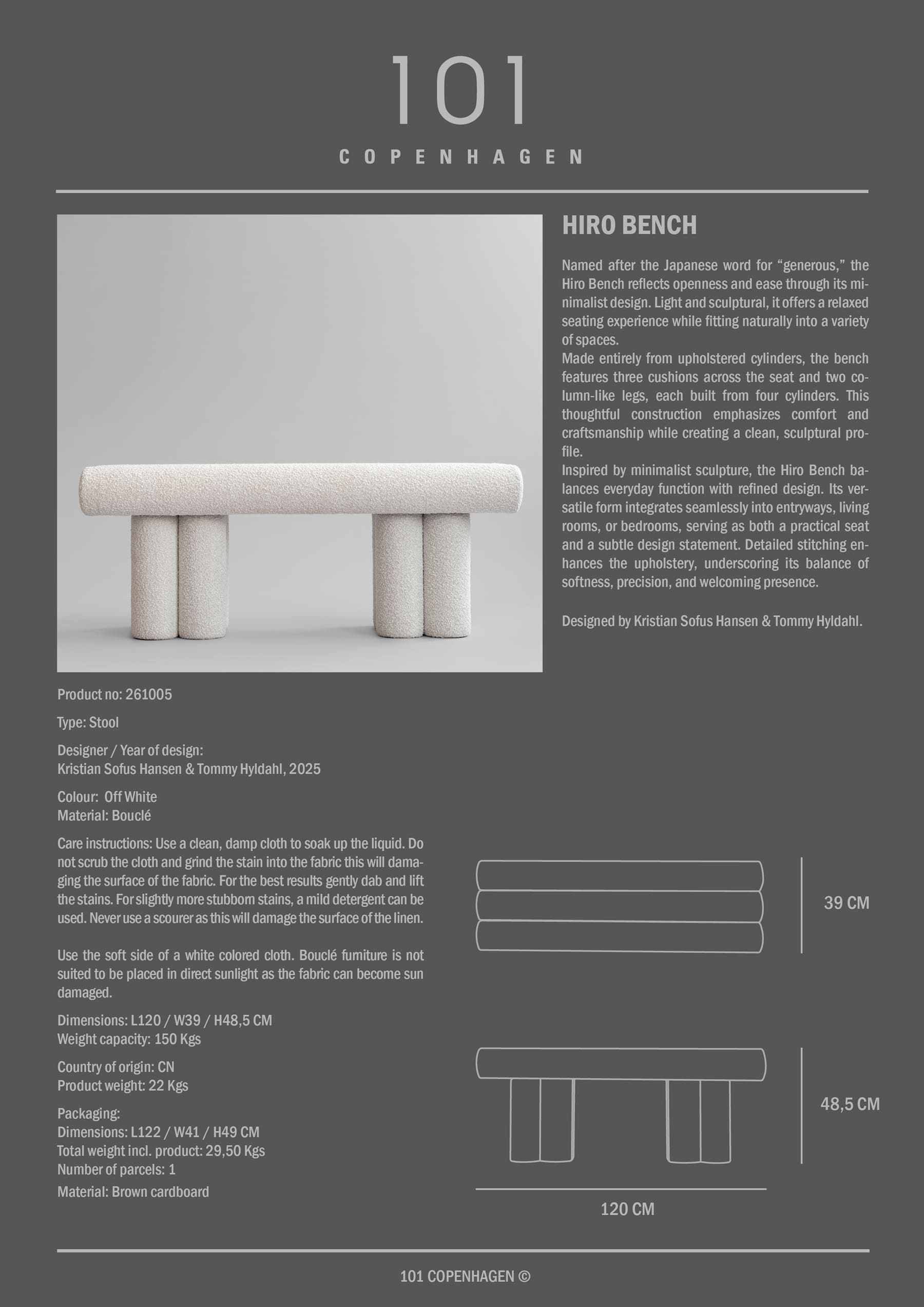 Πάγκος Hiro - Μπουκλέ Ύφασμα Off White H48,5 x W39 x L120 cm 101 COPENHAGEN