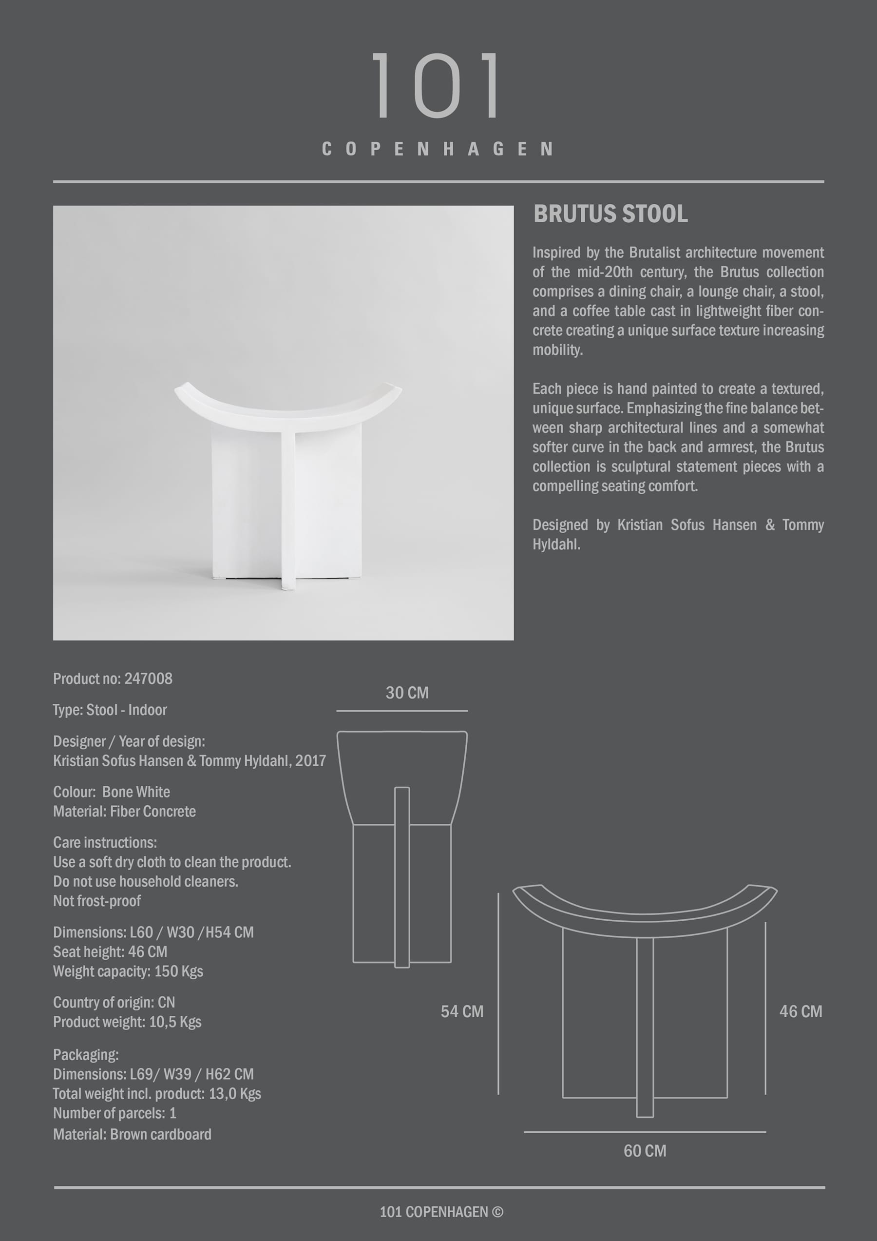 Σκαμπό Brutus - Λευκό Σκυρόδεμα Από Ίνες H54 x W30 x L60 cm 101 COPENHAGEN 