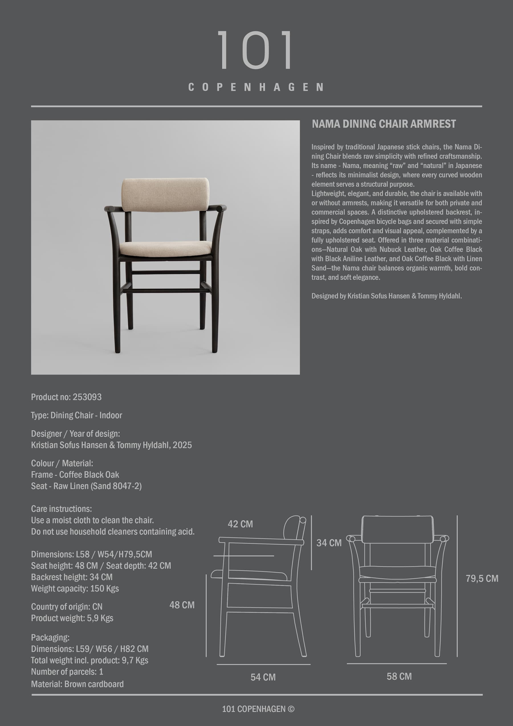 Καρέκλα Τραπεζαρίας Με Μπράτσα Namα - Δρυς Coffee Black Μπεζ Λινό Ύφασμα H79,5 x W54 x L58 cm 101 COPENHAGEN