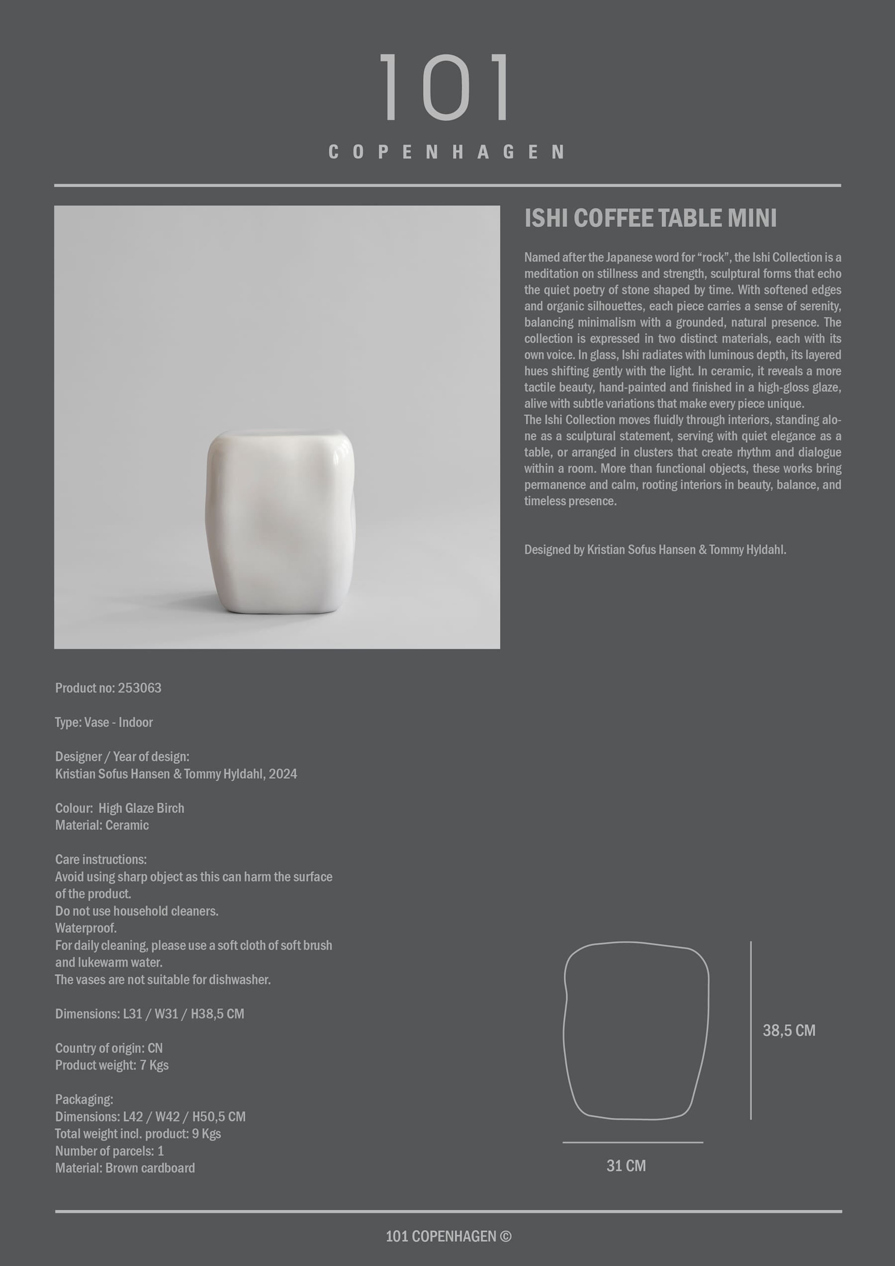 Κεραμικό Τραπεζάκι Καφέ Ishi Mini - Υψηλής Γυαλάδας Άσπρο Birch H40,5 x W30,5 x L30 cm101 COPENHAGEN