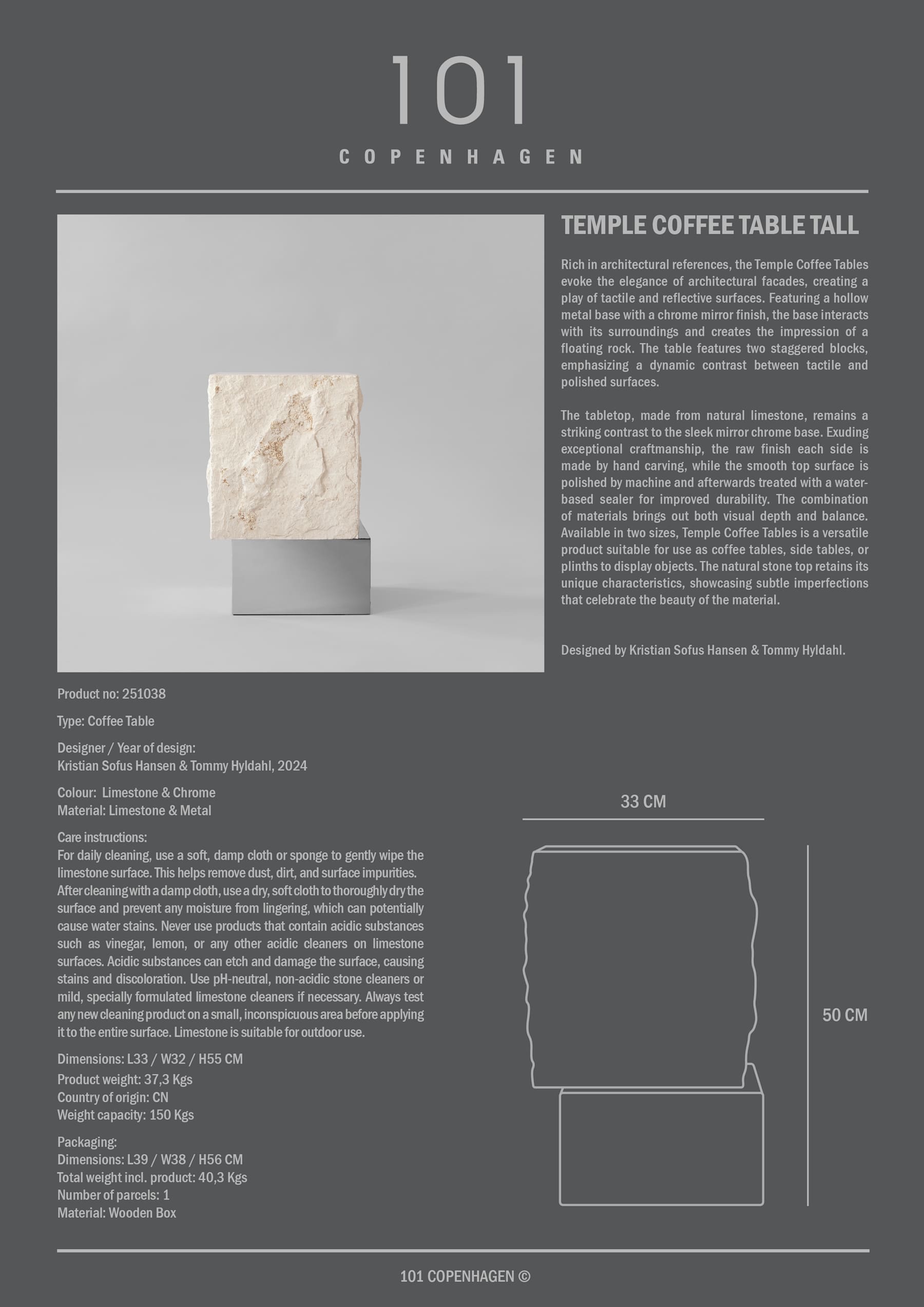 Τραπεζάκι Σαλονιού Temple Tall - Ασβεστόλιθος Μεταλλική Βάση Chrome H55 x W32 x L33 cm 101 COPENHAGEN