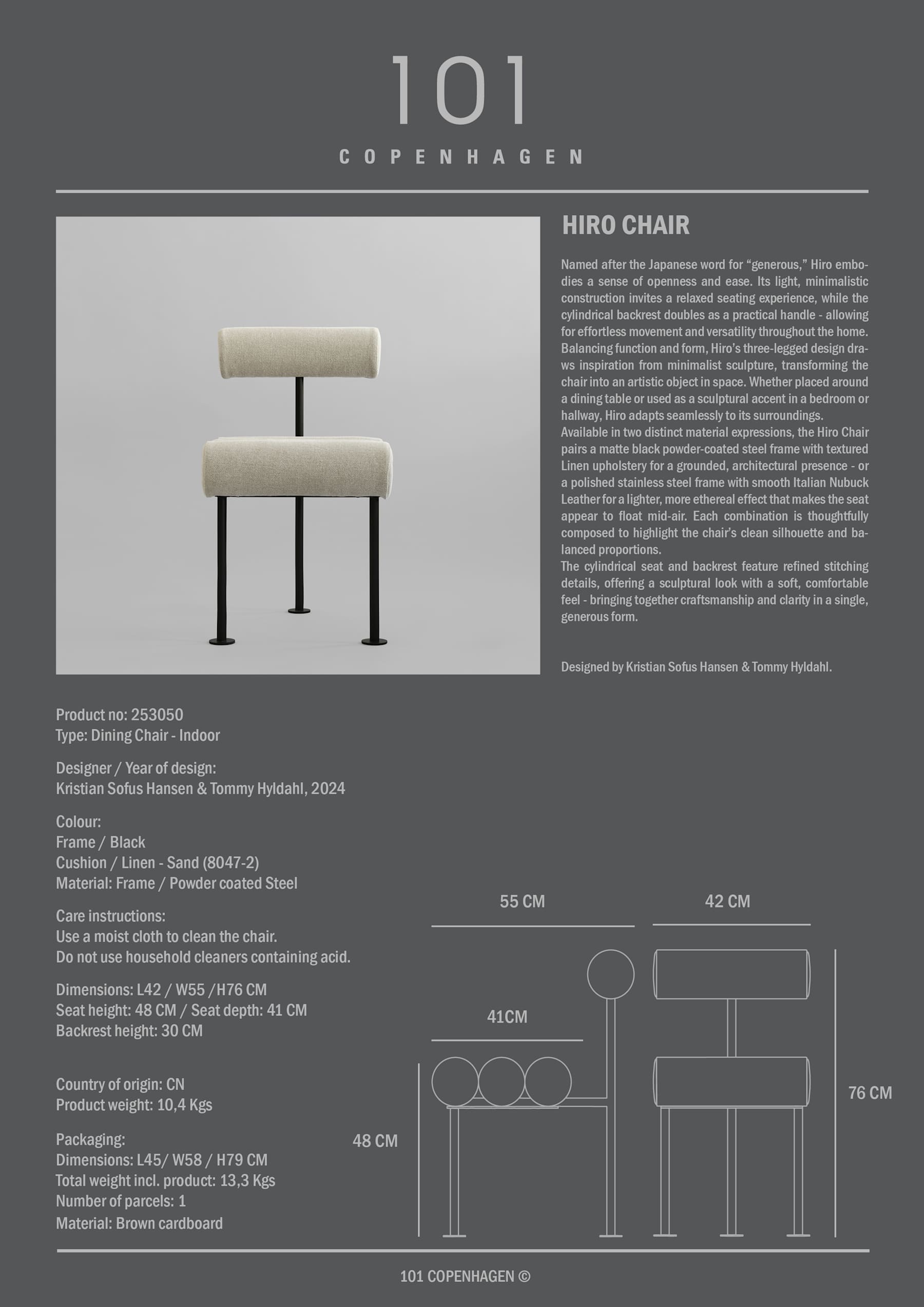 Καρέκλα Τραπεζαρίας Hiro - Ματ Μαύρος Ατσάλινος Σκελετός Λινό ΜπεζΎφασμα Sand (8047-2) H76 x W55 x L42 cm 101 COPENHAGEN