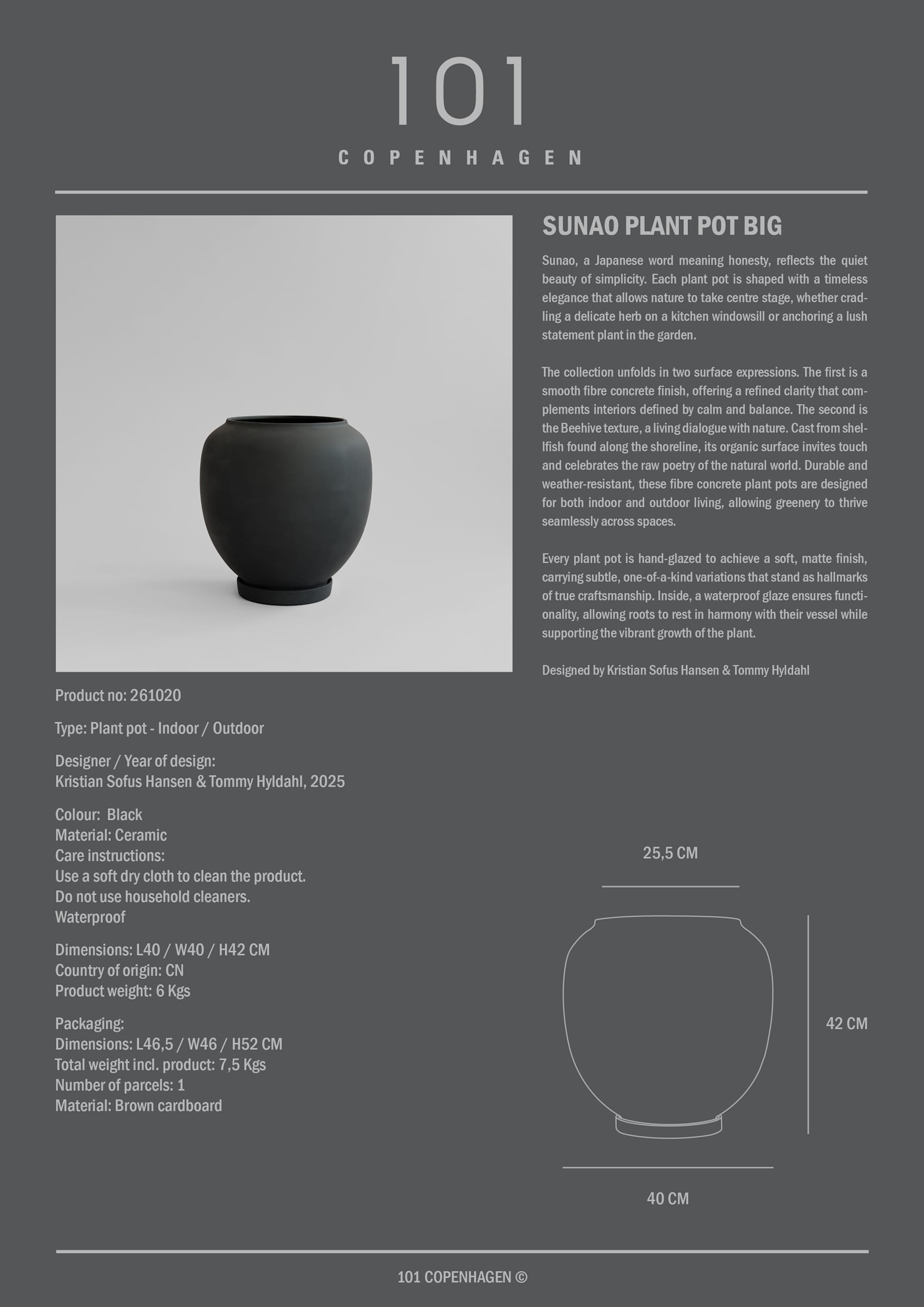 Γλάστρα Sunao Big - Κεραμική Μαύρη H42 x W40 x L40 cm 101 COPENHAGEN 
