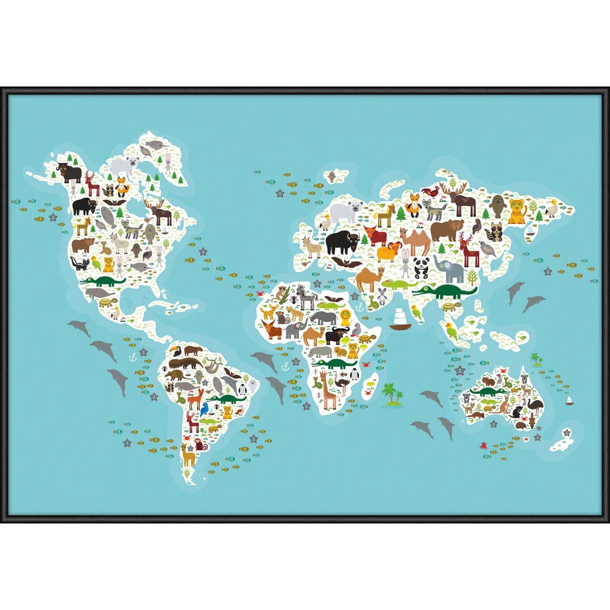 INCADO Poster Πόστερ Worldmap of Animals με Μεταλλική Μαύρη Κορνίζα και Ακ Γυαλί 40x50 cm INCADO