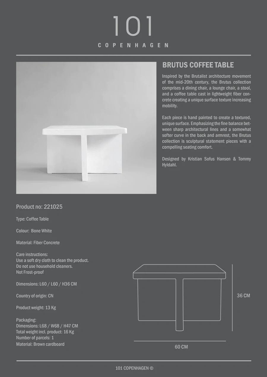 101 COPENHAGEN Coffee Table Τραπέζάκι Σαλονιού Brutus Λευκό Σκυρόδεμα Από Ίνες H36xW60xL60 cm 101 COPENHAGEN