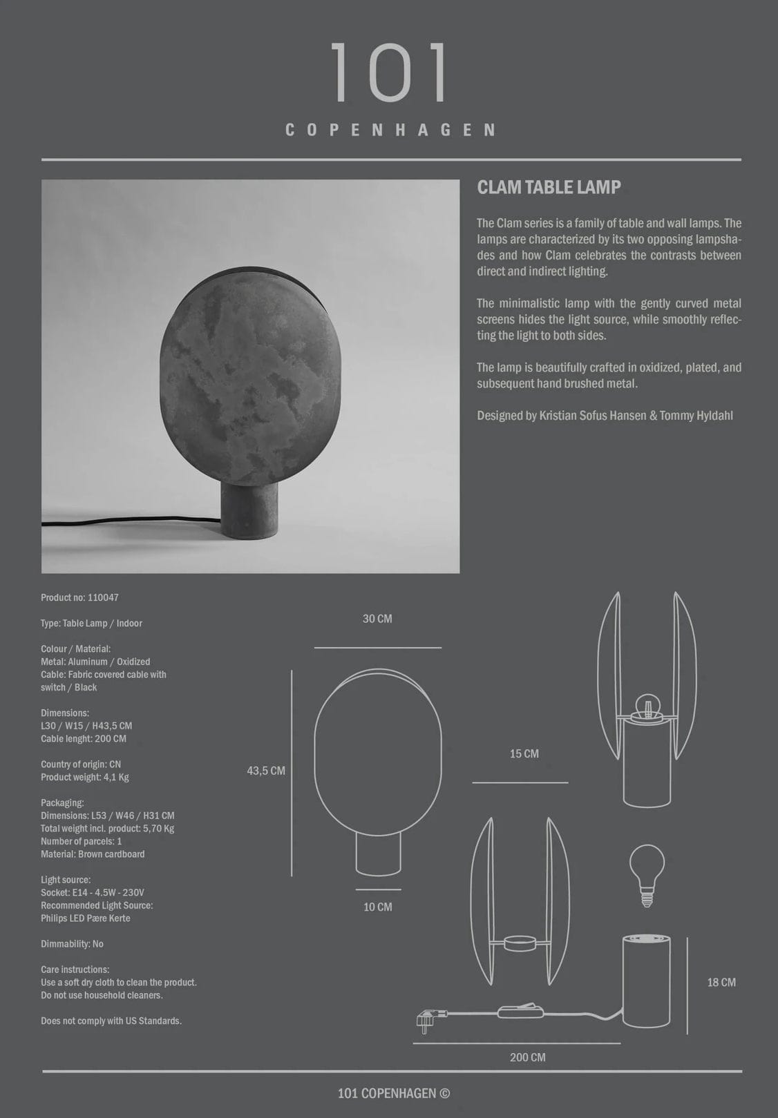 101 COPENHAGEN Επιτραπέζιο φωτιστικό Επιτραπέζιο φωτιστικό - Πορτατίφ Clam, Μέταλλο, Οξειδωμένο Γκρι, 43,5x10x30cm, 101 COPENHAGEN