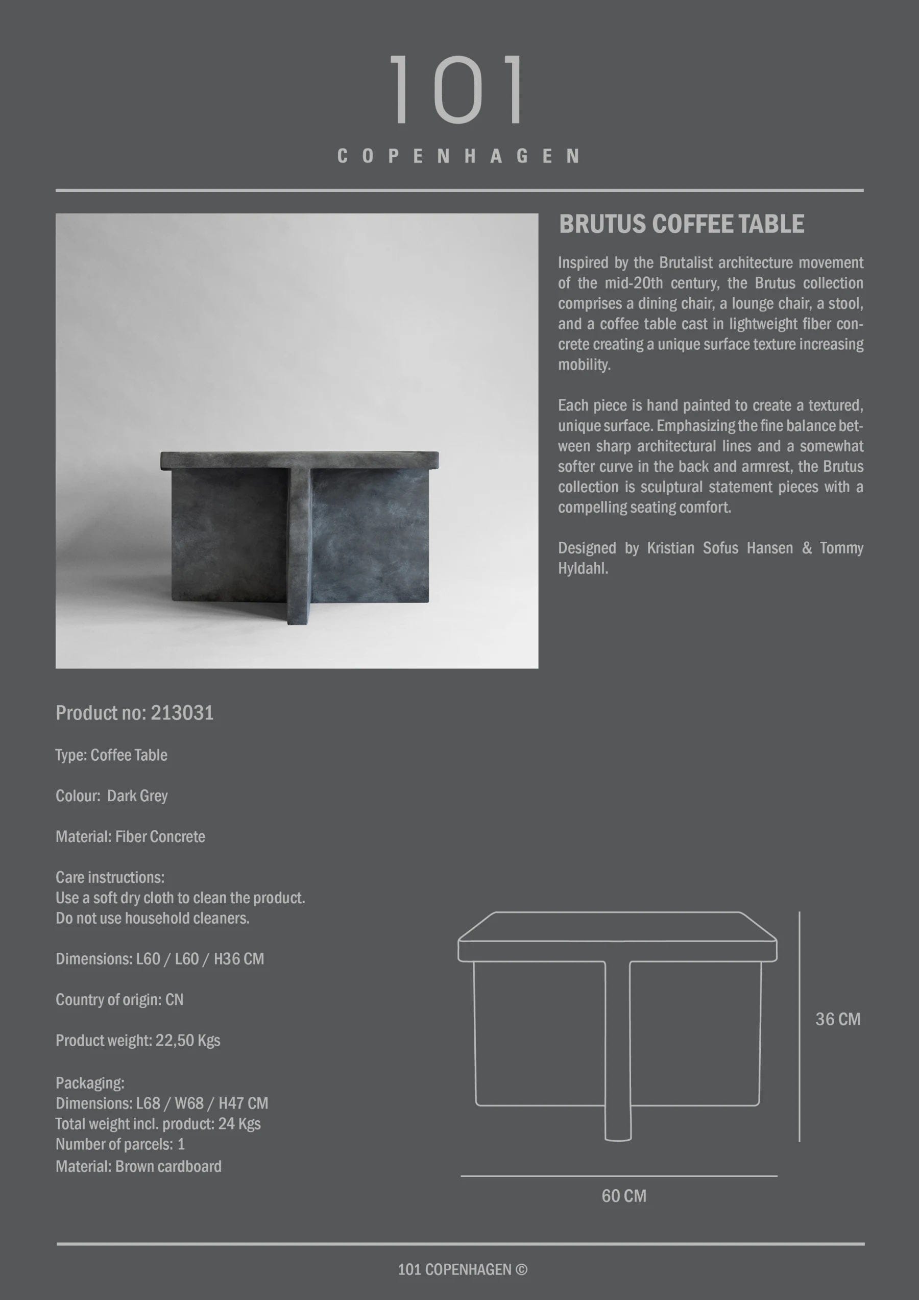 101 COPENHAGEN Coffee Table Τραπεζάκι  Σαλονιού Brutus Σκούρο Γκρι Σκυρόδεμα Από Ίνες H36xW60xL60 cm 101 COPENHAGEN