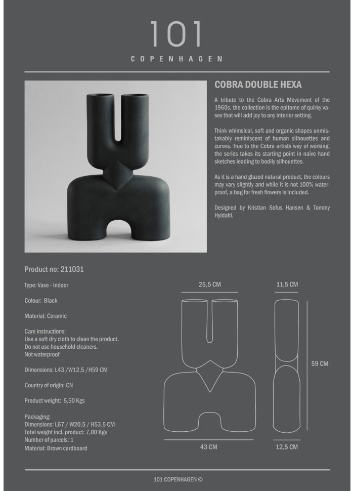 101 COPENHAGEN Βάζο Βάζο, Cobra Double Hexa, Κεραμικό, Μαύρο, 60x12.5x32cm, 101 COPENHAGEN